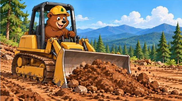 Long Branch bear in a bulldozer beneath the mountain ridges