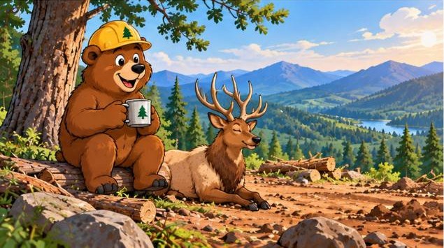 Long Branch bear and elk resting beneath a tree above the mountain view