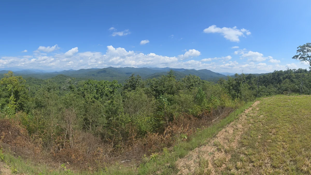Grassy clearing and wooded mountain ridges in the first supplied Lot 6 photo set